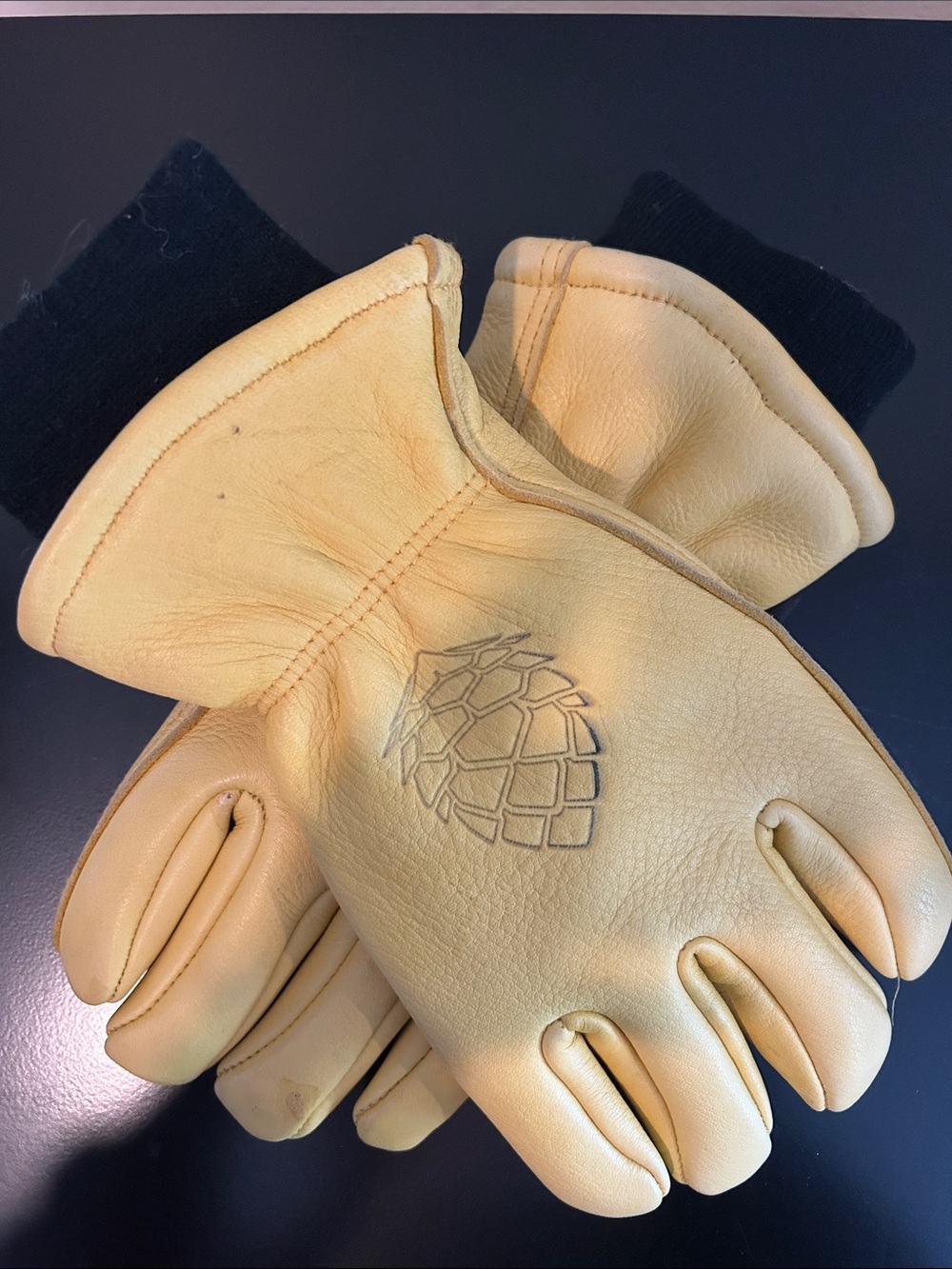 Stio Tan Leather Work Gloves with Pinecone Emblem